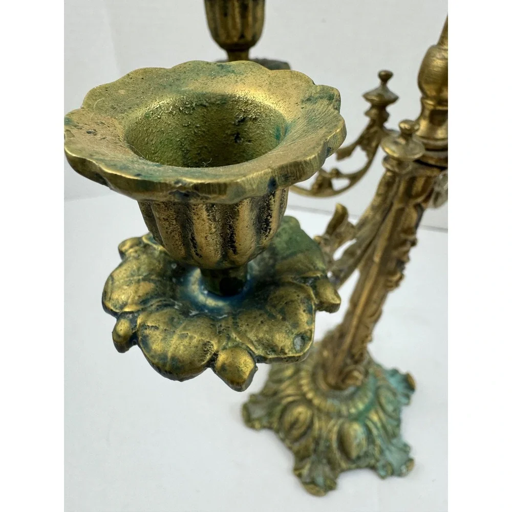 Vintage Ornate Brass 5 Arm Candelabra Ornate Floral Scrollwork Verdigris Patina